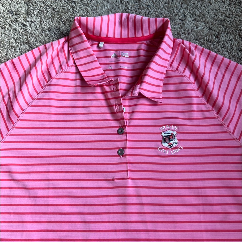 Adidas Golf Womens Polo Shirt Large Tralee Golf Links Ireland Pink Red Stripes